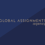 Global Assignments agency gold logo o a blue background
